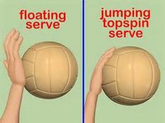 two hands holding up a volleyball ball with the words floating serve and jumping topspin serve