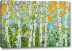 an abstract painting of trees with green and yellow leaves