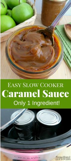 an easy slow cooker caramel sauce recipe is in the process and it's ready to be eaten