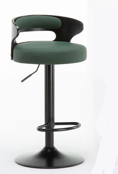 a black and green bar stool on a white background with the seat upholstered