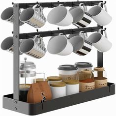 a rack with pots and pans hanging from it's sides, filled with spices