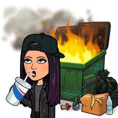 a cartoon girl drinking from a cup in front of a fire and garbage bins