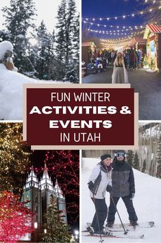 people are skiing and snowboarding in utah with christmas lights on the trees behind them