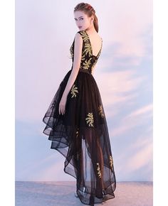 Buy black with gold appliques high low tulle homecoming prom dress at wholesale price online. Free shipping and pro custom service since 2009. Gold Applique, Homecoming Dresses, Appliques, Prom Dress, High Low Dress, High & Low, High Low, Homecoming, Victorian Dress