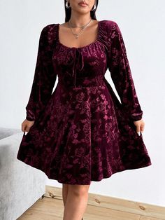 Plus Size Square Neck Velvet Print Long Sleeve A-Line Dress Burgundy Elegant  Long Sleeve Knitted Fabric Floral,Plain,Plants,All Over Print A Line Medium Stretch  Women Plus Clothing, size features are:Bust: ,Length: ,Sleeve Length: Burgundy Long Dress, Long Dress Bridesmaid, Black Hair Clips, Fabric Floral, Formal Dresses Prom, Halloween Dress, Inspiration Mode, 50's Dress, Kids Sleepwear