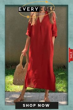 Women's Solid Color V-neck Linen Pocket Dress Casual Solid Color V-neck Dress, Casual Solid Color Dress With Split Neck, Fall V-neck Shift Maxi Dress, Solid Shift Midi Dress For Vacation, Summer Solid Color Dresses With Split Neck, Spring Solid Color Split Neck Dress, Spring Dress With Solid Color And Split Neck, Solid Shift Maxi Dress For Vacation, Solid Color Split Neck Summer Dresses