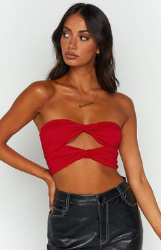 Red Bandeau Top, Prom Midi Dress, Summer Playsuit, Sweater Crop, Strapless Tops, Long Crop Top, Crop Top Sweater, One Shoulder Tops, Bandeau Top