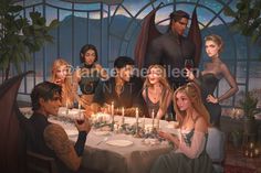 a group of people sitting around a table with candles on it