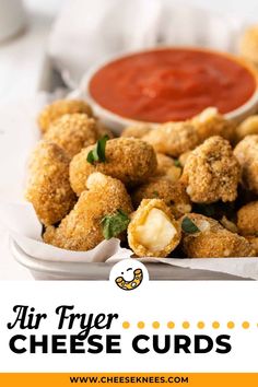 air fryer cheese curls with ketchup and sauce on the side for dipping