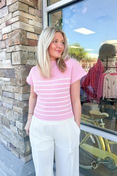 A sweet and simple pink and white striped top with cozy fabric and high-quality details! Cozy Fabric, Mock Neck Top, Boutique Tops, Pink And White, Stripes Pattern, Stay Warm