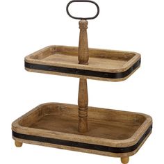 two tiered wooden trays with black handles