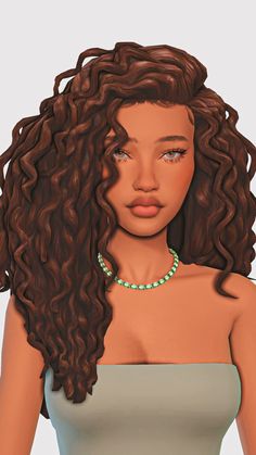 an animated image of a woman with curly hair wearing a green beaded necklace and dress