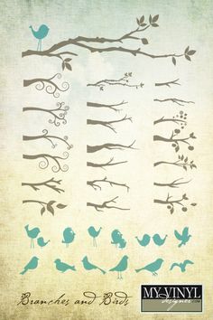 several birds sitting on branches with the words myvinyl written below them in blue ink