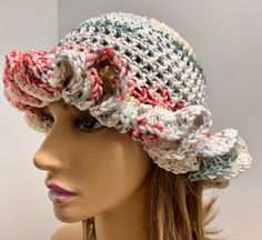 Elevate your winter style with this fun colorful ruffle acrylic hat, designed for both warmth and flair.  Crafted from soft acrylic yarn.  💕 SIZE/MATERIAL: Material - Acrylic Measures 20"  stretches to 22" W x 8"  L.  💕 COLORS:   Off White with dark green and red accents.  💕 PROCESSING TIME: Your item is already made and will ship immediately after purchase 💕 SHIPPING TIME: 2-5 business days within the US via USPS First Class Mail 💕 GIFTS: You can ship our products directly to your gift rec Ruffle Hat, Mail Gifts, Green And Red, Red Accents, Crochet Ideas, Winter Style, Acrylic Yarn, Caps Hats, Dark Green