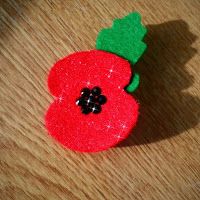 a red brooch sitting on top of a wooden table