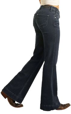 The Rock & Roll Denim Ladies Mid Rise Extra Stretch Trousers- Dark Wash is a mix between function and fashion. The trouser fit with extra stretch material is comfortable without sacrificing style. Bell Trousers, Country Jeans, Gay Outfit, Running Accessories, Earthy Outfits, Trousers Jeans, Rock Roll, Country Outfits, Dream Clothes