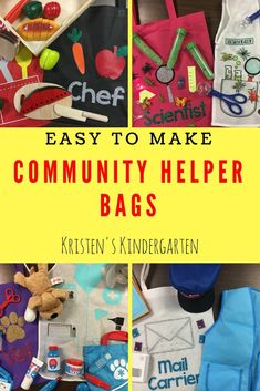 the words easy to make community helper bags are shown in three different pictures and there is