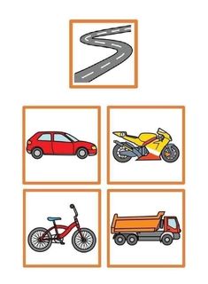 four different pictures with cars, trucks and bicycles on them in the same square shape