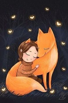 a painting of a girl hugging a fox