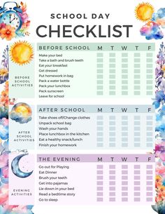 the school day checklist is shown with flowers