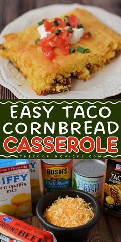 This Easy Taco Cornbread Casserole is so simple to prepare that it is perfect to serve for a quick weeknight dinner. It is made with taco-seasoned ground beef, chili beans, and cheese, all under a layer of Jiffy cornbread. This casserole dish is so savory that it will make you crave more. This easy-to-make dinner recipe is an awesome main course idea you can have! Chili Cornbread Casserole Jiffy Ground Beef, Stuffed Cornbread Casserole, Taco Casserole With Cornbread, Hormel Chili Recipes, Taco Cornbread Casserole Jiffy, Cornbread Taco Bake Jiffy, Hamburger Cornbread Casserole, Jiffy Cornbread Recipes Casseroles, Taco Cornbread Bake