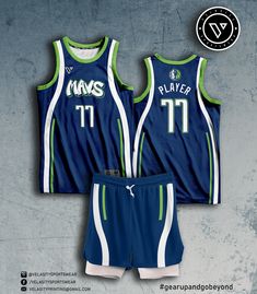 the basketball uniform is blue and white with green trims on the front, while the shorts are black