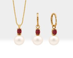 This Pearl Necklace and Earrings Set is a beautiful jewelry set are made from 14K solid gold, with the addition of oval cut ruby. This combination of pearls, gold, and ruby can create a classic and elegant look, perfect for bridal jewelry. 4,90 mm Ruby Necklace  Ruby                  :     App.  0,22 ct   Pearl                  :     1 piece (9,00 mm) Gram                 :      App.   1,68 GR Product Code  :      LS00006PR Earring  Ruby                   :      App.  0, 45 ct  Pearl Gold Oval Jewelry Set For Wedding, Oval Gold Jewelry Set For Wedding, Formal Gold Oval Jewelry Set, Formal Oval Gold Jewelry Set, Formal Yellow Gold Jewelry Sets With Gemstones, Formal Yellow Gold Gemstone Jewelry Sets, Yellow Gold Jewelry Sets With Matching Earrings, Elegant 14k Gold Round Jewelry Sets, Classic Yellow Gold Jewelry Sets For Gifts