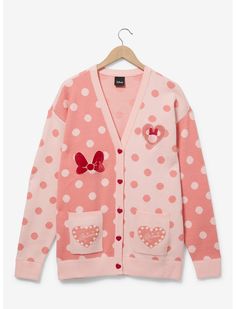 Disney Minnie Mouse Polka Dot Women's Cardigan - BoxLunch Exclusive | BoxLunch Disney Cardigans, Yoo Hoo, Polka Dot Cardigan, Polka Dot Sweater, Plus Size Cardigans, Cozy Cardigan, Themed Outfits, Cardigan Fashion, Pink Polka Dots