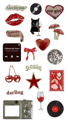 various stickers and decals on a white background with red accents, such as hearts, lips, stars, etc