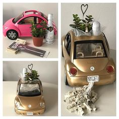 a car with plants and money in the back, next to it is a pink toy car