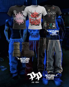 three men's t - shirts and pants with different designs on them