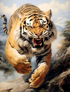 a painting of a tiger running through the air