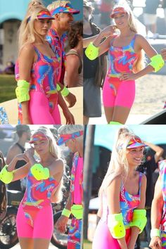 two women in neon colored bathing suits with tennis balls on their arms, and one woman wearing