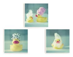 three pictures of rubber ducks with hats on