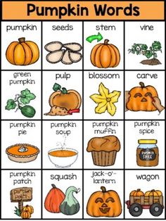 the pumpkin words game is shown with pictures of pumpkins and other things in it