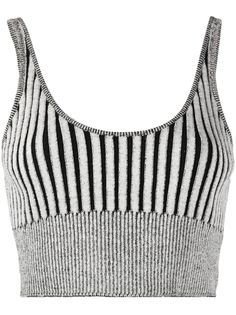 knitted cotton-silk cropped top from JOHN ELLIOTT featuring charcoal grey, jet black, cotton-silk blend, knitted construction, scoop back, U-neck, sleeveless, cropped and ribbed hem. Fitted Cropped Knit Tank Top, Knit Scoop Neck Crop Top, Fitted Knit Crop Top With Scoop Neck, Silver Crop Top, Patchwork Crop Top, Silk Crop Top, Grey Crop Top, John Elliott, Ribbed Knit Top