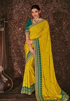 Buy Indian Wedding Party Wear Saree Kajal aggarwal yellow silk saree with blouse 5185 online in USA, UK and Canada from KollyBollyEthnics.com Yellow Silk Saree, South Silk Saree, Indian Wedding Party, South Silk Sarees, Party Wear Saree, Indian Sarees Online, Elegant Attire, Wedding Saree Indian, Yellow Silk