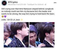 two photos of bts members talking to each other and one is holding his ear