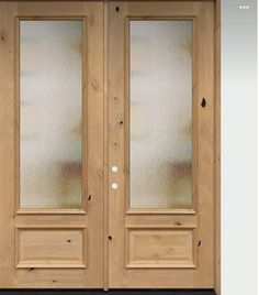 a pair of double doors with frosted glass on the front and side panels are shown