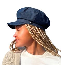 Our New CRAGGI Dark Denim Blue Baker Boy Hat features a matching Blue lining on the inside.The elasticated fitting will help you brave the wind and makes it one size fits all. This hat is a perfect fashion accessory for a day around town,holiday, travel, Festivals and nights out with friends. Whether you're on Campus ,outdoors walking or running errands it's the perfect cap to match with your outfits. One Size - 56-60cm with an elasticated back for a perfect fit. The dark denim fabric makes a great unisex style. 100% Denim outer fabric Style with one of our CRAGGI scarves or shawls to complete your look. Please subscribe at www.craggi.com for the latest news on our collections. Spring Casual Flat Cap Beret, Casual Spring Beret Flat Cap, Casual Visor Beret For Spring, Adjustable Cotton Casual Beret, Spring Casual Visor Beret, Casual Spring Visor Beret, Spring Casual Beret, One Size, Casual Spring Beret, One Size Fits Most, Casual Spring Beret One Size Fits Most