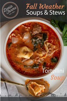 a bowl of tortellini soup with spinach and meat in it, on a white plate