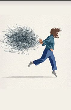 a drawing of a person running with a bunch of wires in the air behind them