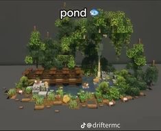 an image of a pond in the middle of some trees and bushes with people sitting around it