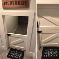 two pictures of the inside of a dog kennel with its door open and it's doors closed