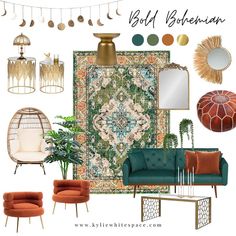 Bold Bohemian Interior Design Mood Board by KylieWhiteSpace Eclectic Design Mood Board, Bold Bohemian Living Room, Boho Glam Interior Design, Bohemianism Interior Design, Bohemian Style Interior Design Bedroom Ideas, Bold Bohemian, Elegant Bohemian Living Room, Chic Bohemian Decor, Boohoo Interior Design