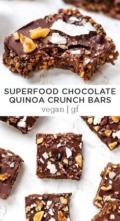 chocolate quinoa crunch bars are stacked on top of each other with chopped nuts