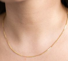 "Bar Chain Necklace from our Memoirs Made collection. A classic jewelry staple that is timeless and chic, and wonderfully lustrous in 14K gold filled. Uncomplicated on its own, we also love the look of it layered with other gold chains, pearls, and beaded necklaces to achieve that Parisian Girl look. Either way, you will find unlimited options to style this beautiful chain. CHAIN DETAILS ⚬ 14k gold-filled bar chain or 925 Sterling Silver ⚬ Bars measure 1.1mm x 10.25mm. ⚬ Chain in your choice of Classic Everyday 14k Gold Bar Necklace, 14k Yellow Gold Bar Necklace With Delicate Chain, Dainty 14k Gold Bar Necklace, Classic Gold Bar Necklace With Delicate Chain, 14k Gold Bar Necklace With Delicate Chain, Minimalist Yellow Gold Bar Necklace With Cable Chain, Gold Bar Necklace With Delicate 14k Chain, Gold Bar Necklace With Delicate Chain In 14k Gold, Delicate Gold Bar Necklace In 14k