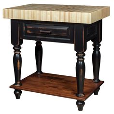 a wooden table with two drawers on one side and an end table on the other