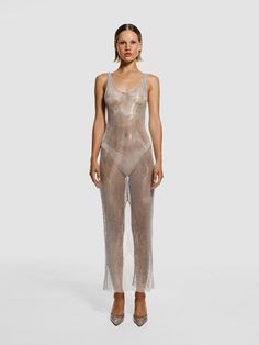 Full shot of a girl in a grey net long tank dress decorated with rhinestones and high slit at the back Transparent Sequin Dress, Stardust Dress, Supernova Explosion, Festival Clothes, Slouchy Pants, Transparent Dress, Net Dress, Led Fashion, Silver Mermaid