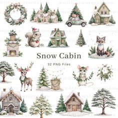 watercolor christmas clipart set featuring snow cabin, trees, houses and deers